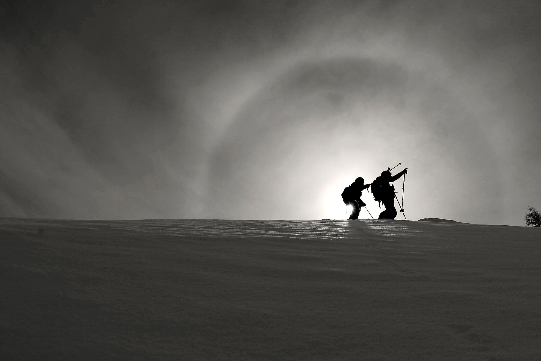 Ski tourers in silhouette under a sun halo in the Valais
