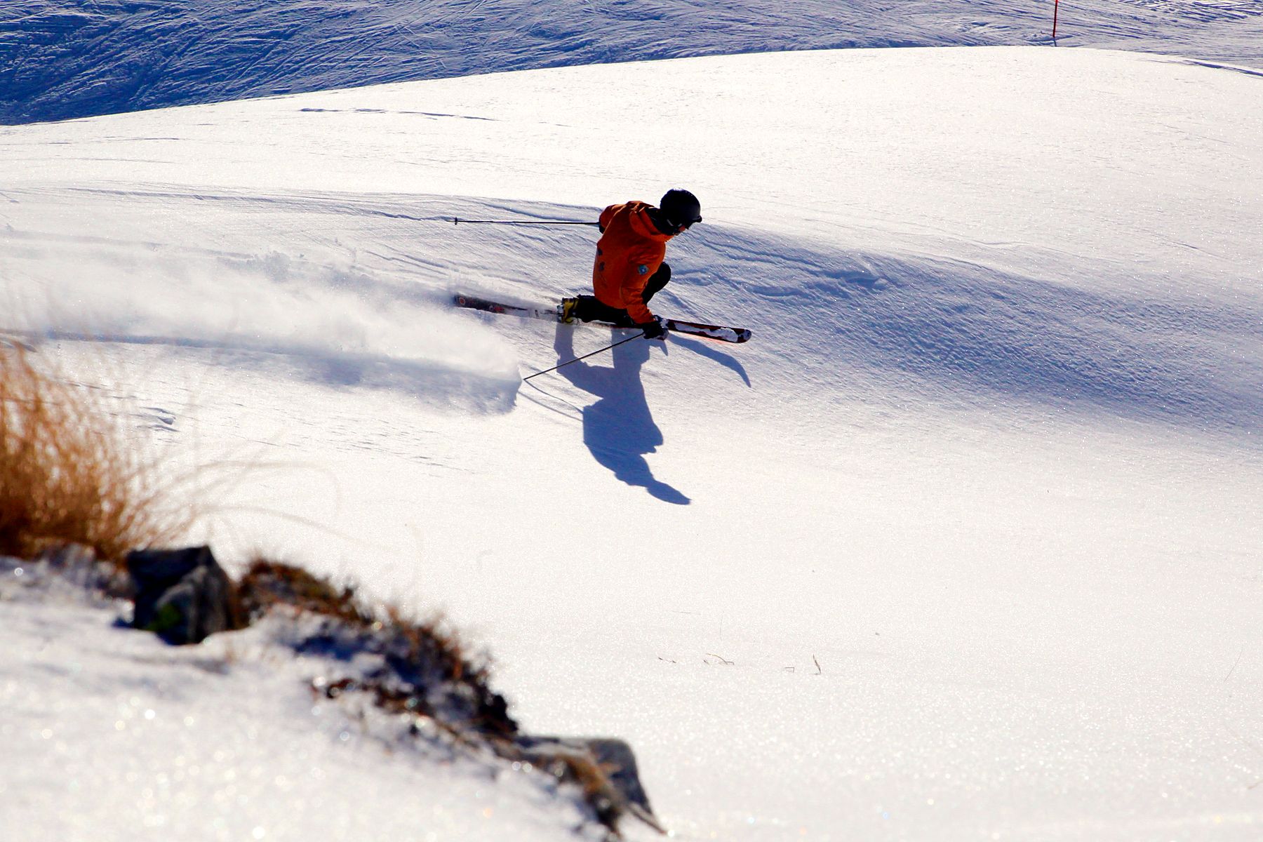 Off-piste skiing in a sunny powder field with Le Beau Ski